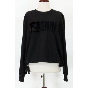 FENDI BLACK COTTON CROPPED SWEATHSHIRT WITH 100% MINK FUR FF LOGO